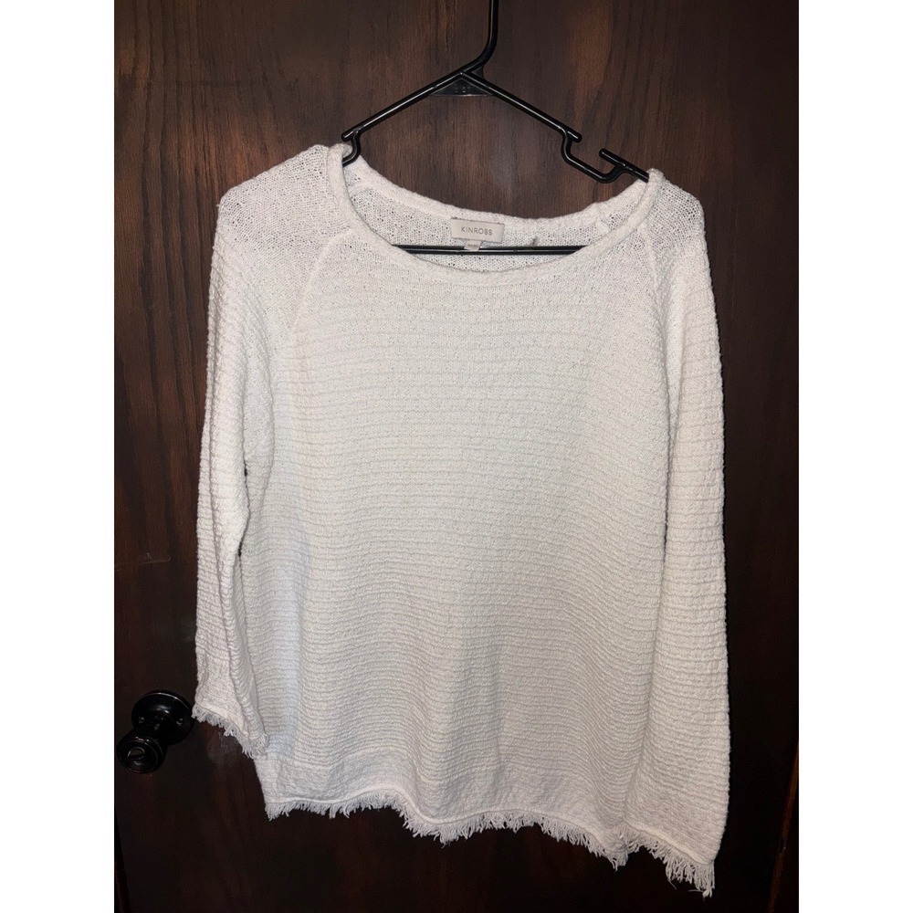 Kinross White 100% Cotton Textured Knit Fringe Trim Sweater Womens Medium